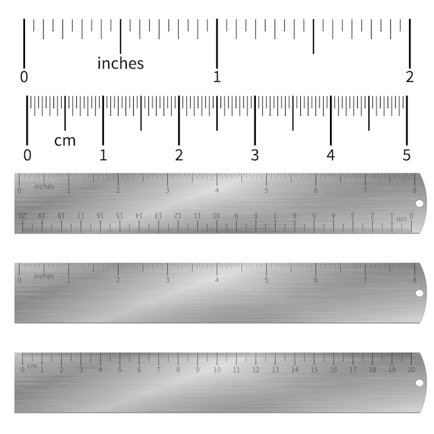 Metric imperial and decimal inch rulers set.