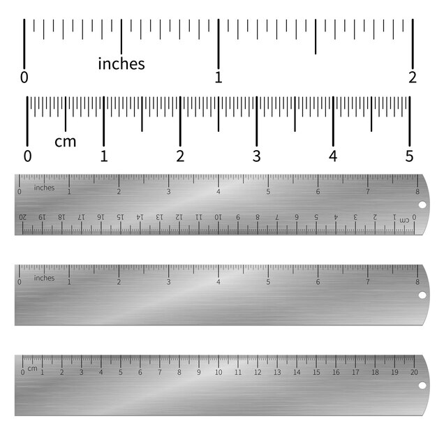 Metric imperial and decimal inch rulers set.