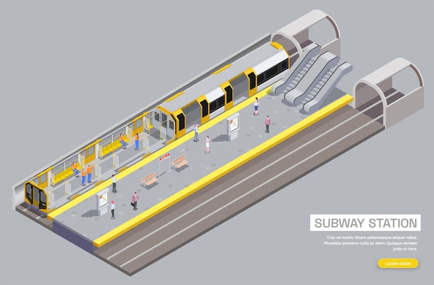 Станция метро и вагон интерьер 3d изометрическая иллюстрация