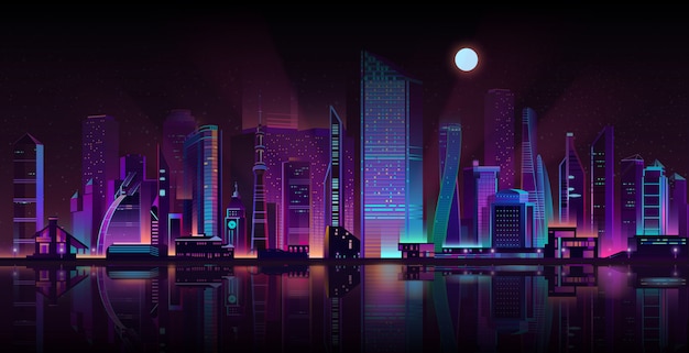 Metropolis night landscape neon cartoon vector
