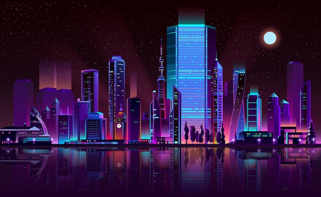 Metropolis Night Skyline Neon Color Cartoon Vector Template