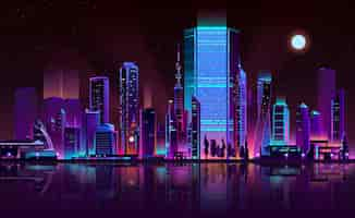 Free vector metropolis night skyline neon color cartoon vector