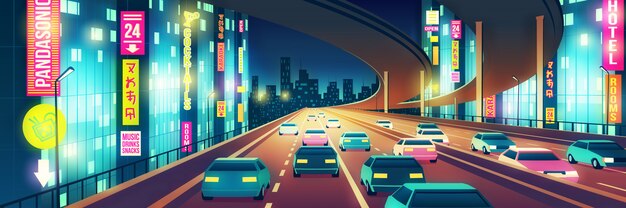 夜行図で明るいネオン看板に照らされた4線高速道路や高速道路に行く車でメトロポリスのナイトライフ漫画市屋外