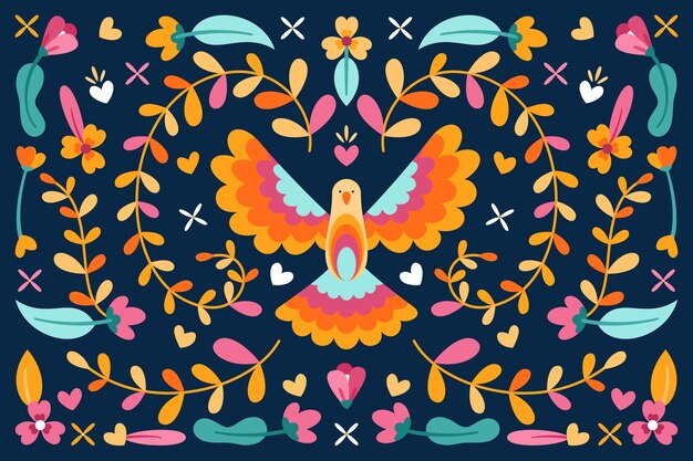 Mexican background with flowers and colourful peace dove