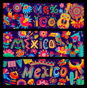 メキシコのバナー、漫画のソンブレロ、ギター、オウム Premiumベクター