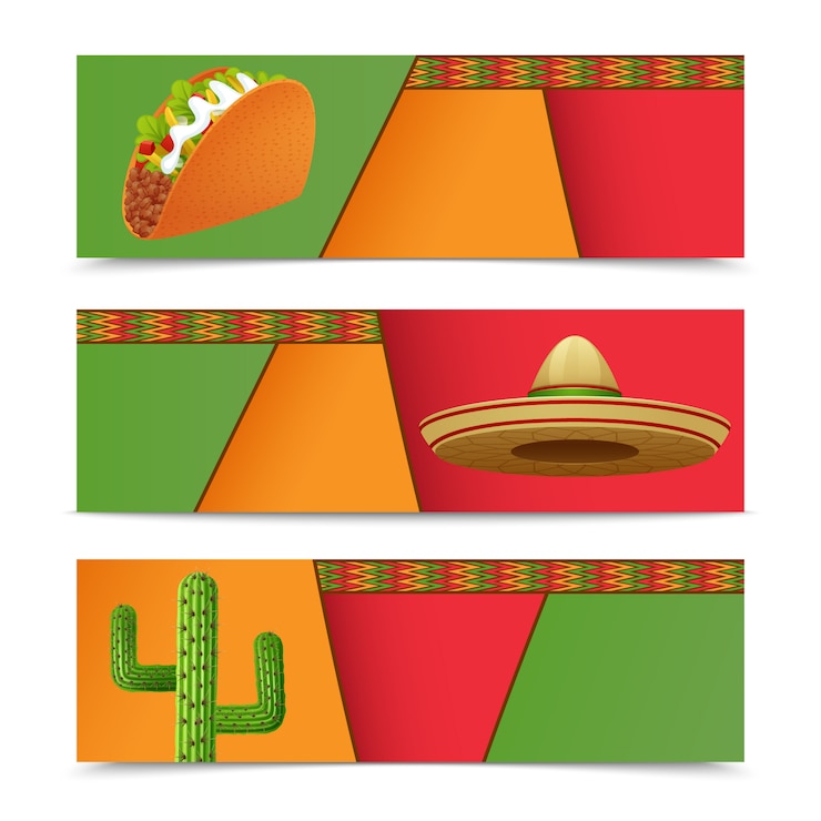 Free Vector mexican banners horizontal set with taco sombrero cactus isolated vector illustration