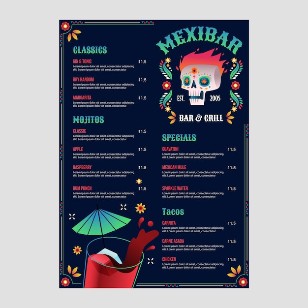 Free vector mexican bar menu design template