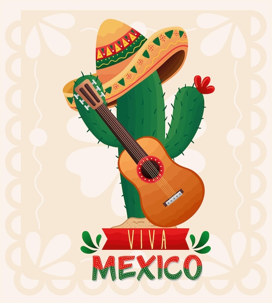 Мексиканская праздничная гитара в открытке с кактусом