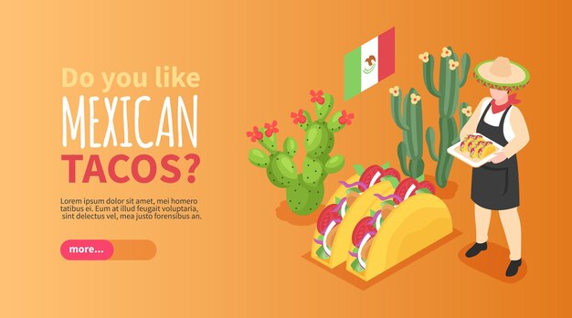 Mexican cuisine horizontal banner demonstrated woman in national clothes holding tray with tacos isometric vector illustration