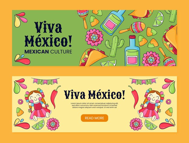 Mexican culture hand drawn banner set