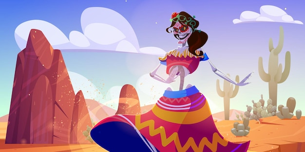 Mexican day of dead background with skeleton dance in desert vector cartoon illustration of desert landscape in mexico with sand rocks cactuses and spooky woman calavera catrina