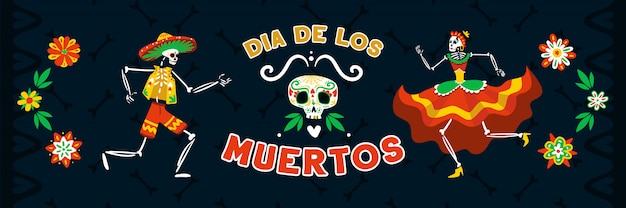 Mexican day dead celebration with dancing in national costumes\
skeletons black horizontal banner vector illustration