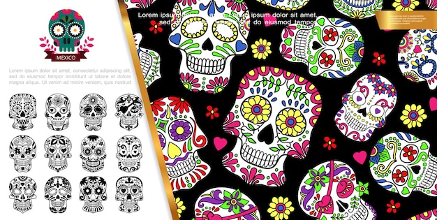 Концепция Мексиканского Дня мертвых с красочными и монохромными сахарными черепами с сердечками и цветочным орнаментом,