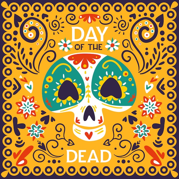 死者の休日のお祝いのメキシコの日頭蓋骨マスク抽象的なベクトル図と明るい黄金黄色の装飾図