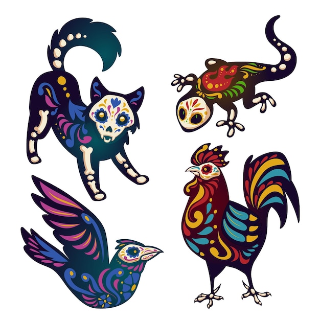 Free vector mexican day of dead illustration set with animals skeletons