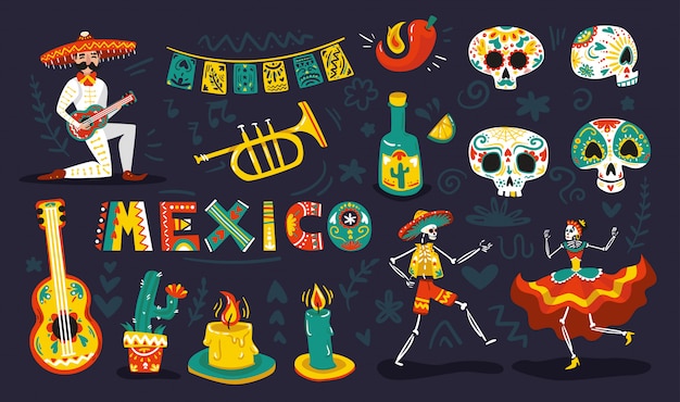 メキシコの日死んだシンボル属性カラフルなスケルトンシュガースカルマスクベクトル図を踊ると設定