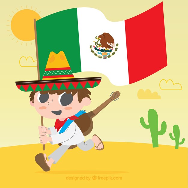 少年とメキシコの旗の背景