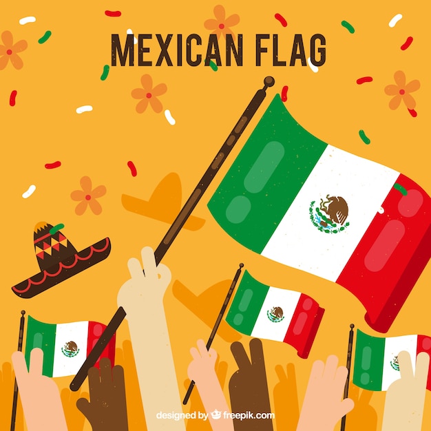群衆とメキシコの旗の背景
