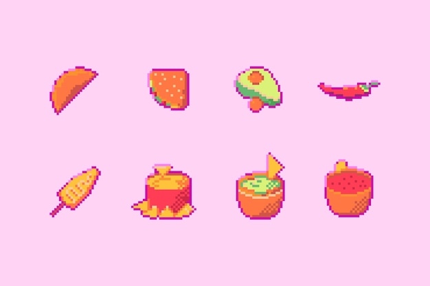 Mexican food icons in pixel art