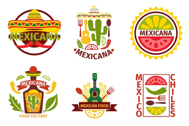 Vettore gratuito set di logo, etichette, emblemi e distintivi di cibo messicano. bottiglia di sombrero e tequila, elemento di chitarra, illustrazione vettoriale. distintivi di vettore di cibo messicano ed etichette di vettore di cibo messicano