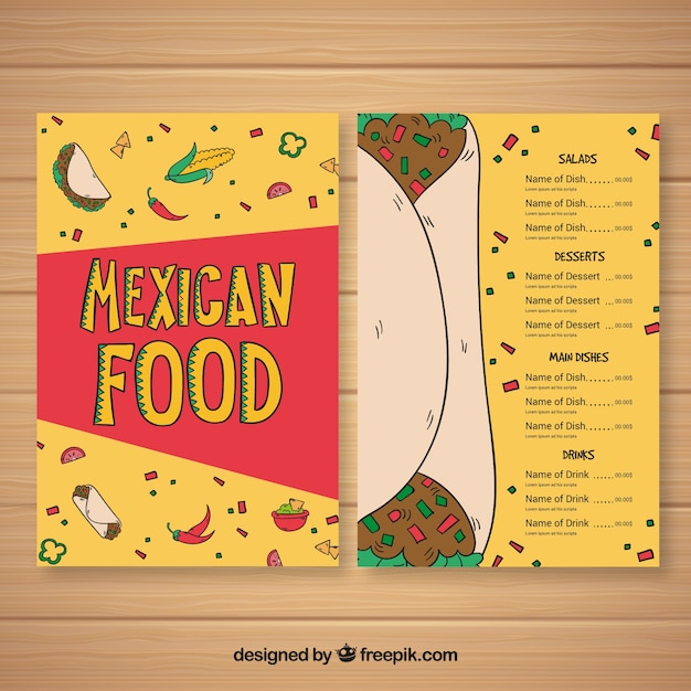 Modello di menu di cibo messicano con burrito