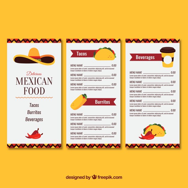 Mexican food menu with three pages