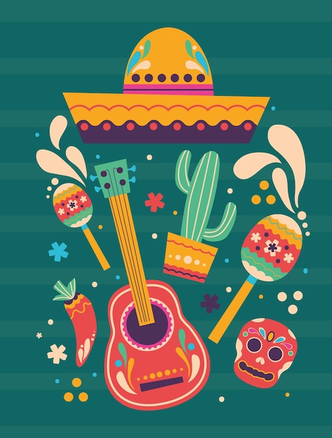 Free vector mexican guitar and hat with skulls