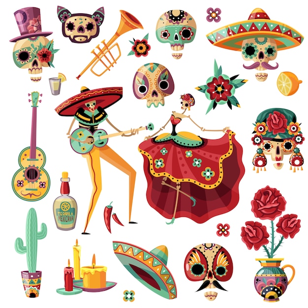 Мексиканский праздник День мертвых поставил этническую музыку и танцевальные декоративные маски свечи цветы