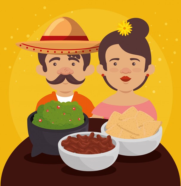 Free vector mexican man and woman with tradition food