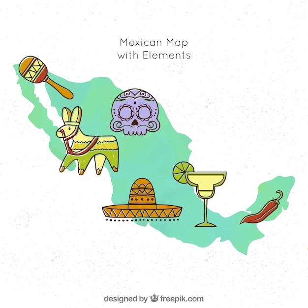 Free vector mexican map with cultural elements