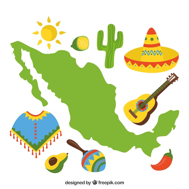 Free vector mexican map with cultural elements