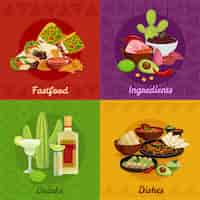 Free vector mexican native food spicy dishes snacks and drinks 4 flat icons square composition banner