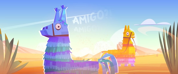 Бесплатное векторное изображение Мексиканский осел пиньята amigo в пустынном пейзаже с кактусами, песком и скалами. да здравствует мексика или партия синко де майо, традиционный латинский праздник или символы празднования фиесты, векторные иллюстрации шаржа