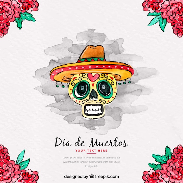 Free vector mexican skull background with floral watercolor decoration