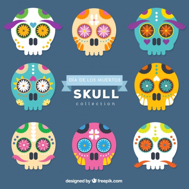 Free vector mexican skulls decorated for the day of the dead