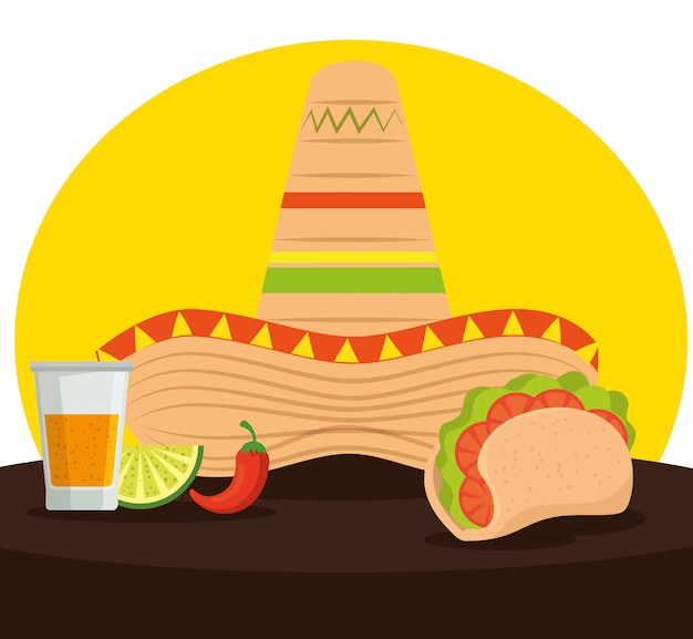 Free vector mexican tacos with tequila and hat to celebrate event