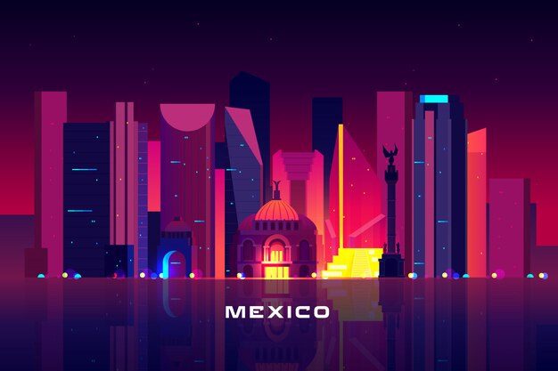 Mexico city skyline, neon illumination. 