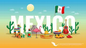 Free vector mexico colorful horizontal composition header title with national flag cultural traditional symbols big letter