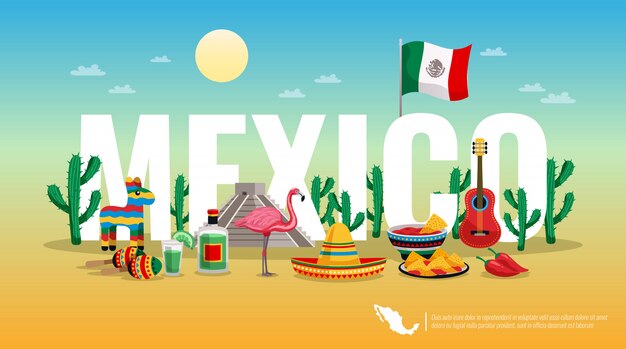 Mexico colorful horizontal composition header title with national flag cultural traditional symbols big letter