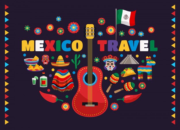 Мексика красочные национальные традиционные символы композиция с гитарным флагом пищевые маски текила кактус путешествия