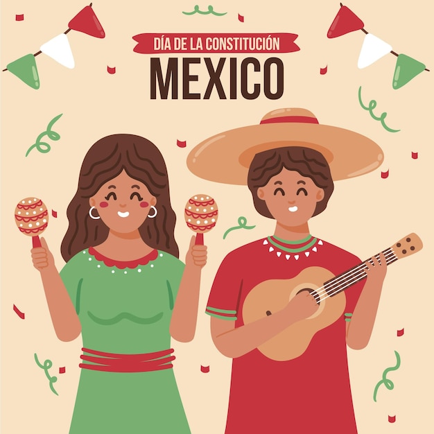 Бесплатное векторное изображение Иллюстрация дня конституции мексики с людьми, празднующими