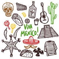 Бесплатное векторное изображение Мексика doodle set