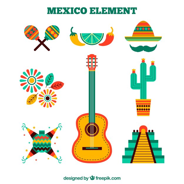 Элементы Мексики, установленные в плоском дизайне