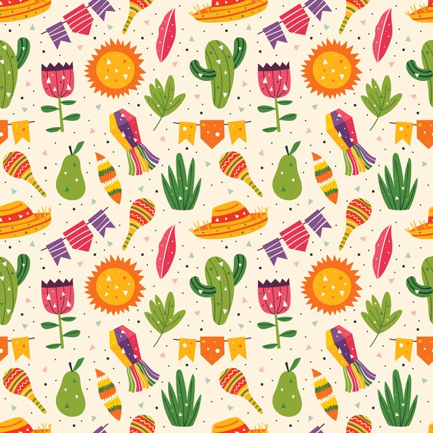 メキシコのクリップアート かわいい太陽 旗 サボテン 草 花 葉 メキシコのパーティー ラテンアメリカの休日 フラットカラフルなイラスト 分離された要素のセット プレミアムベクター