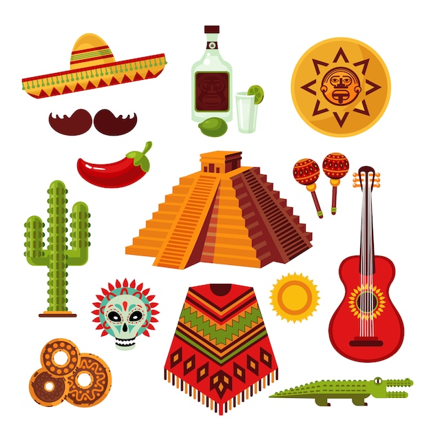 Бесплатное векторное изображение Набор иконок мексики
