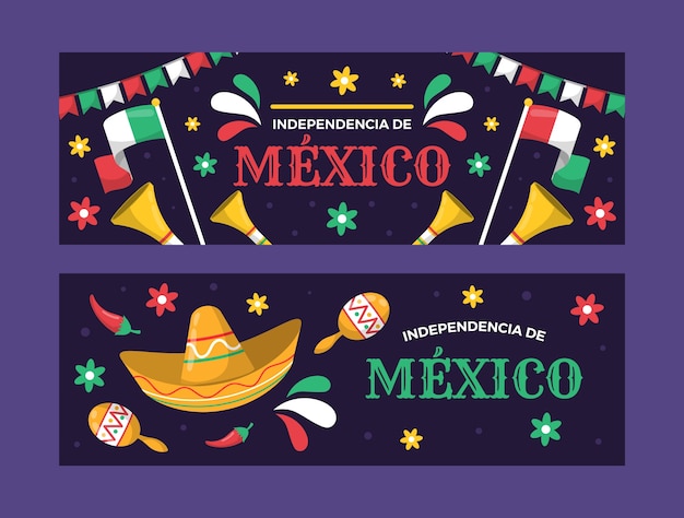 Mexico independence hand drawn flat banners