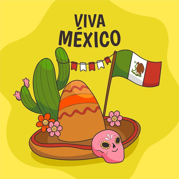 Free Vector mexico independence sombrero and cacti