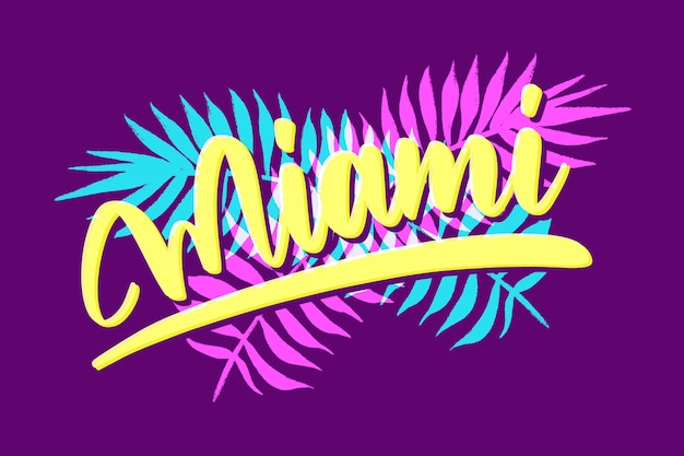 Miami city lettering on purple background
