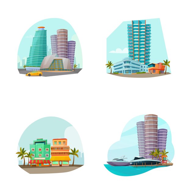 Miami Cityscape 4 Icons Composition 