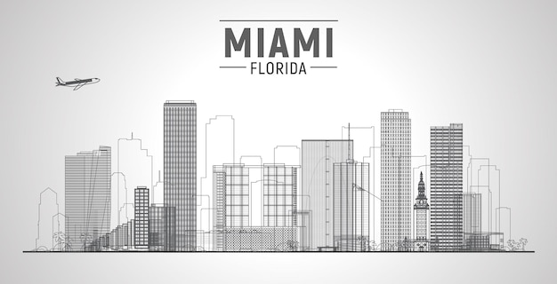 白い背景のパノラマとマイアミフロリダラインシティスカイラインベクトルイラストモダンな建物とビジネス旅行と観光のコンセプトバナーやウェブサイトの画像